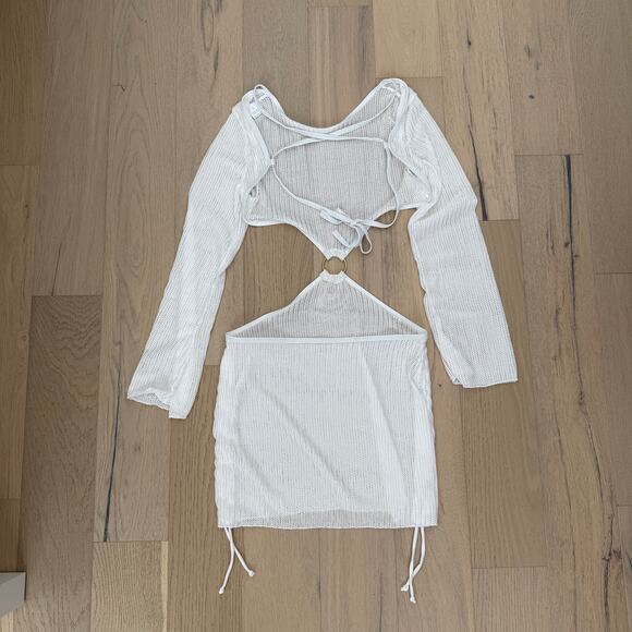 Women's Swim Cover‎ Up Dress Size S White Mesh 2 pc Cutout Y2K Rave Beach Sheer - Picture 3 of 4